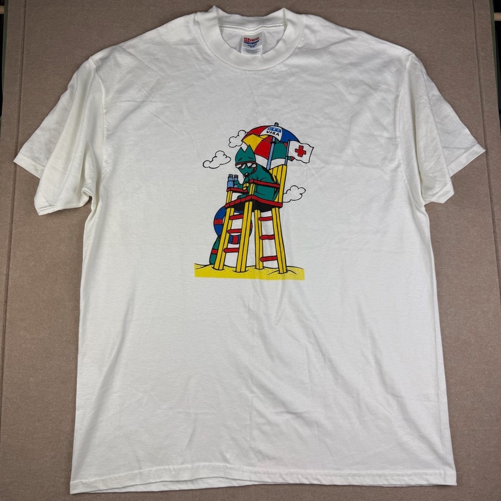 Y2K Hanes Heavyweight Shirt‎ Mens XL White Lifeguard Beach Graphic Summer Tee